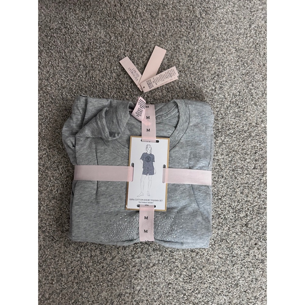 Victoria's Secret Womens Grey 100% Cotton Short Pajama Set Rhinestone Size M